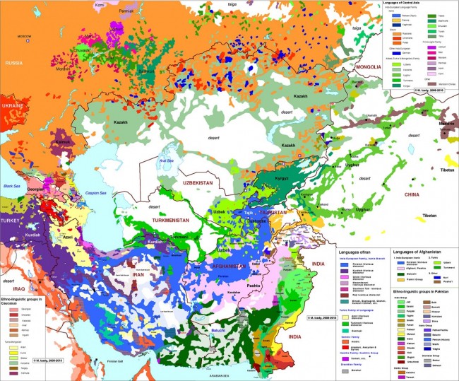 Языки и диалекты Центральной Азии | Каждый цвет представляет группу языков, оттенки цвета представляют диалекты.