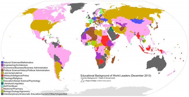Карта, показывающая в каких областях обучения страны являются лидерами
